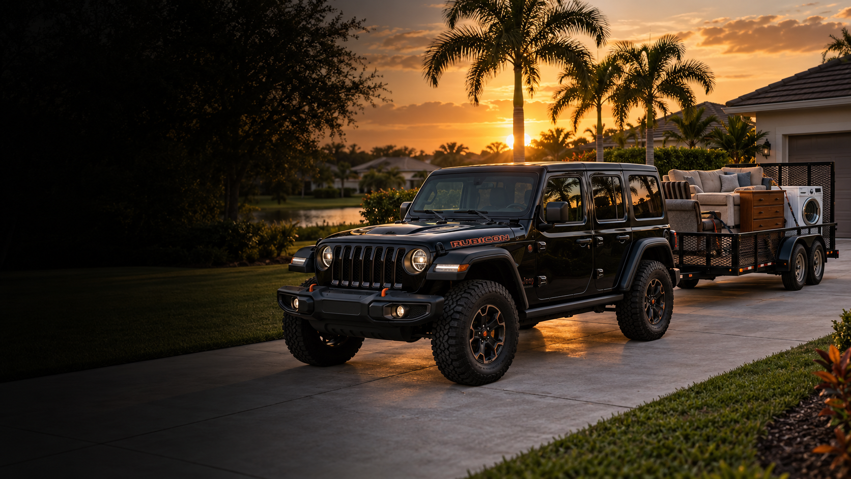 Iron Trail hauling setup with black Jeep and open utility trailer